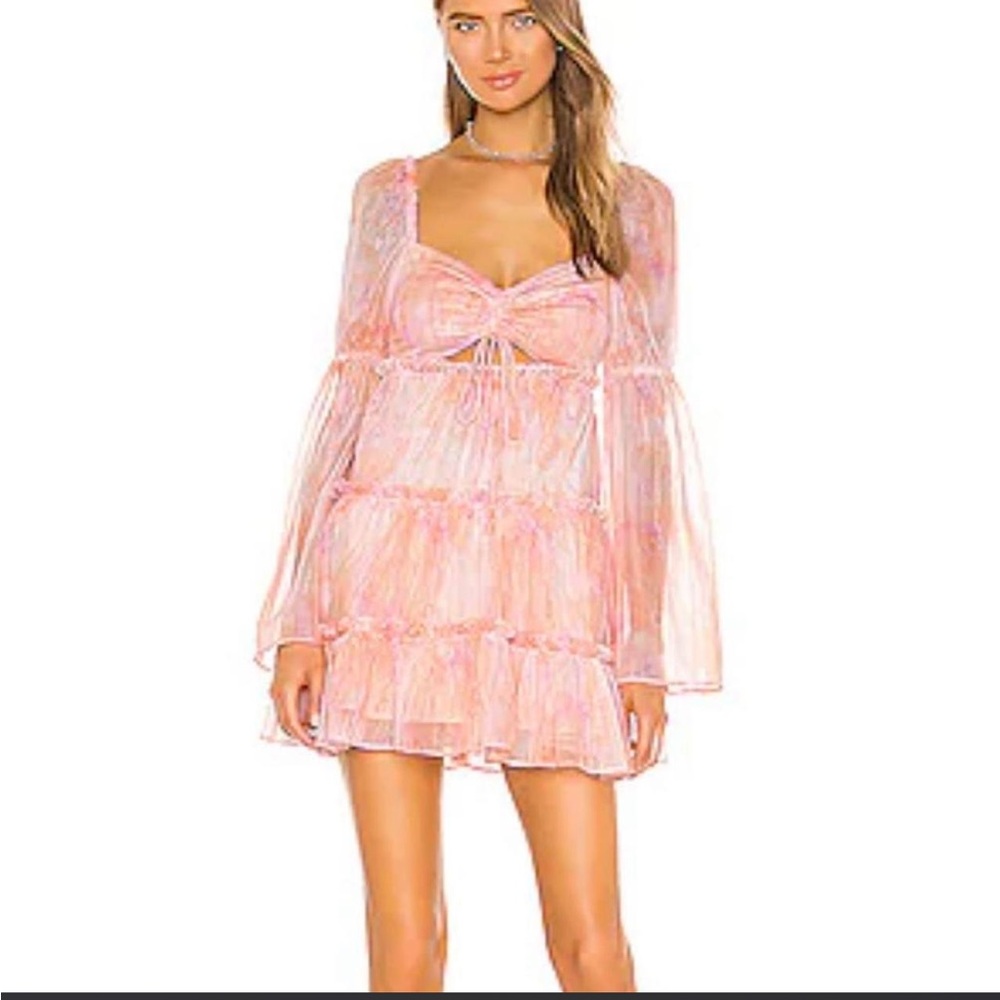 Majorelle Ailish Mini Dress Pink White Floral Chiffon Ruched Long Sleeve